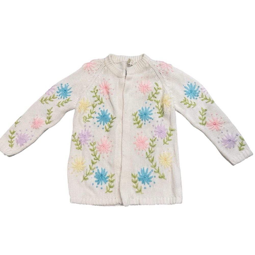 Vintage 60s White Knit Embroidered Floral Cardigan Sweater size S/M
